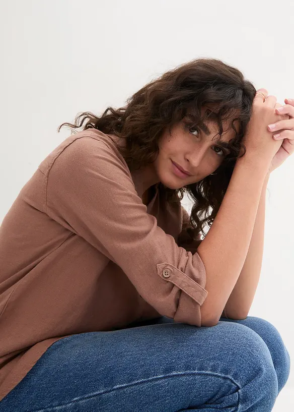 Bluse med lin og 3/4-lange ermer, bonprix