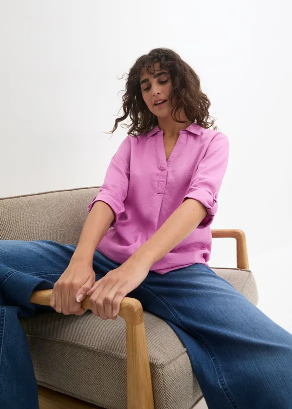 Bluse med lin og 3/4-lange ermer, bonprix