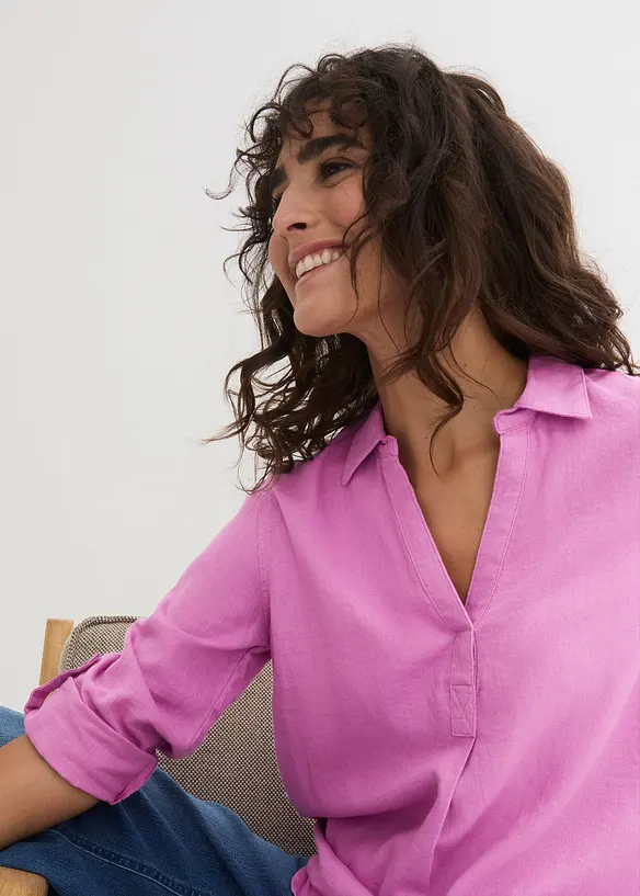 Bluse med lin og 3/4-lange ermer, bonprix