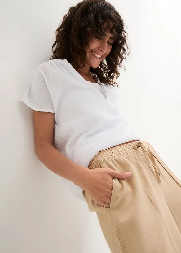 Bukse i lett lin- og viskosemiks med vide ben, bonprix