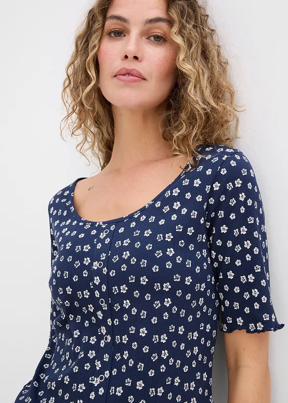 Ribbet topp med blomsterm&oslash;nster, kortermet, bonprix
