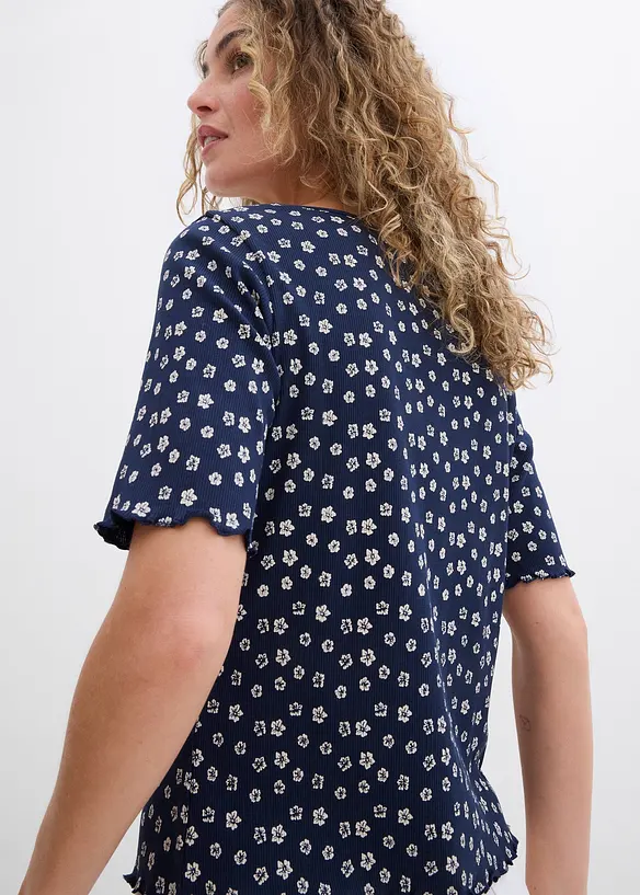 Ribbet topp med blomsterm&oslash;nster, kortermet, bonprix