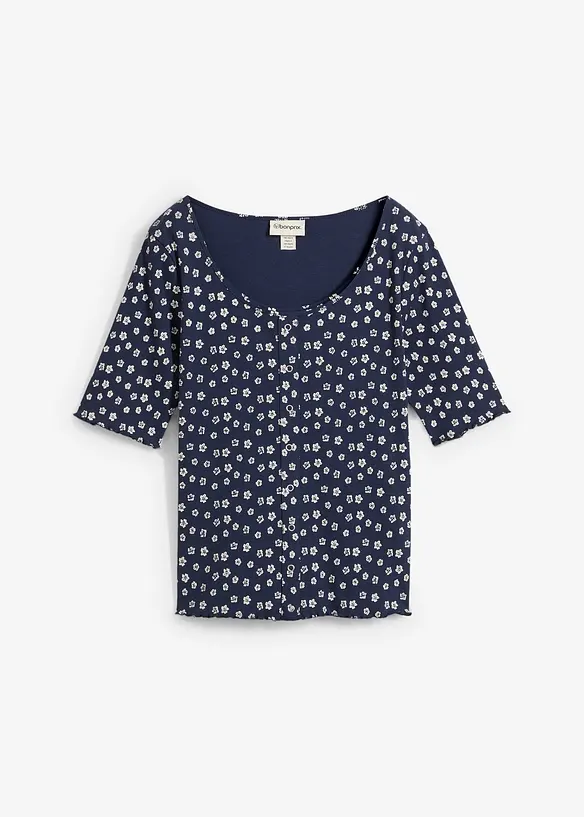 Ribbet topp med blomsterm&oslash;nster, kortermet, bonprix