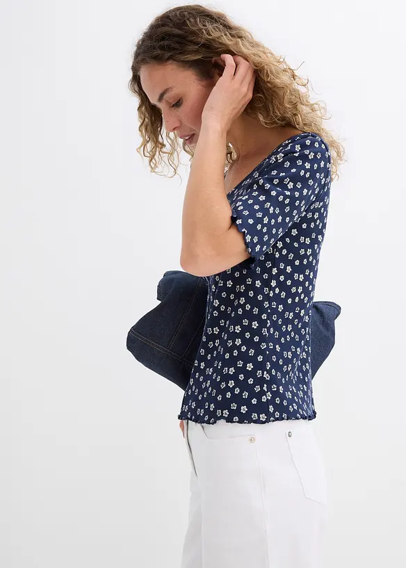 Ribbet topp med blomsterm&oslash;nster, kortermet, bonprix