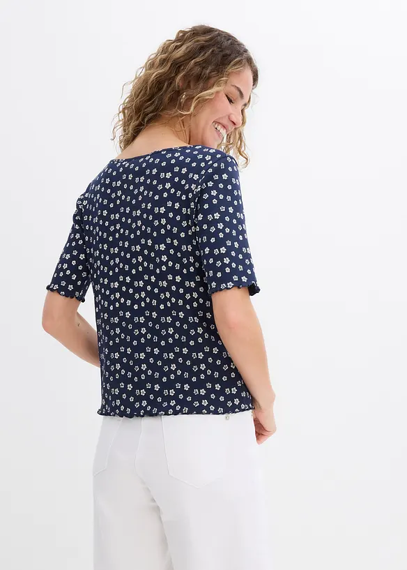 Ribbet topp med blomsterm&oslash;nster, kortermet, bonprix