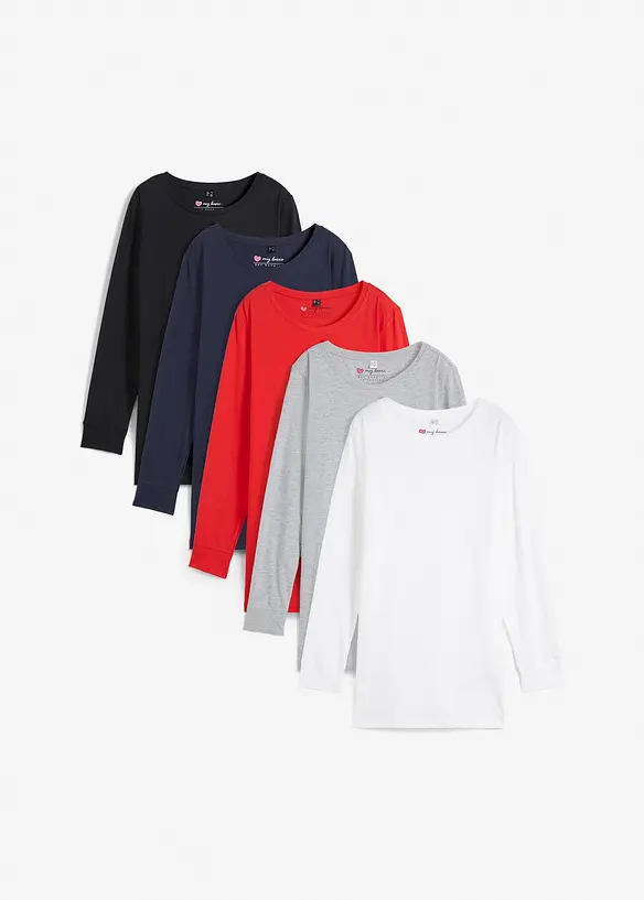 Lang, langermet topp med rund hals (5-pack), bonprix