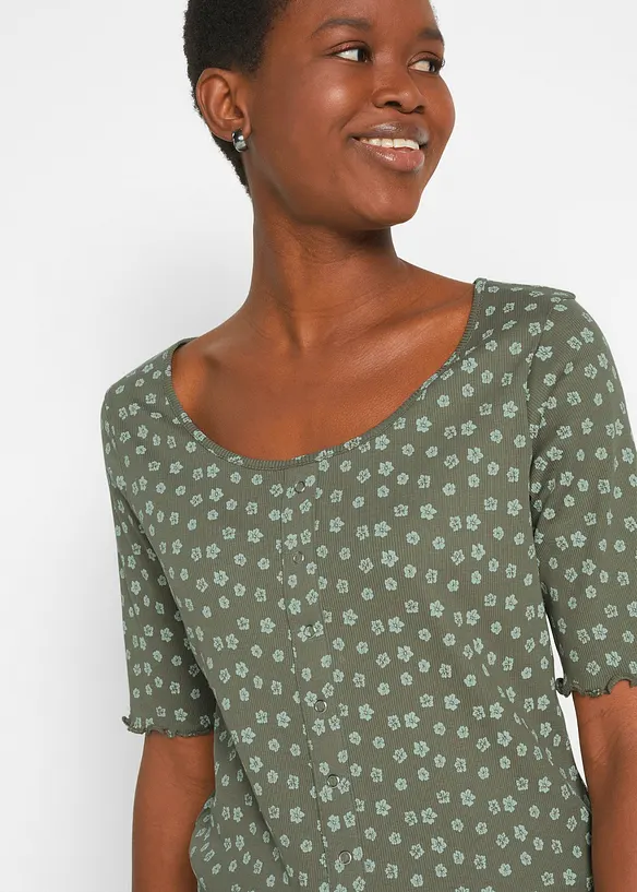 Ribbet topp med blomsterm&oslash;nster, kortermet, bonprix