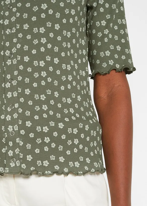 Ribbet topp med blomsterm&oslash;nster, kortermet, bonprix