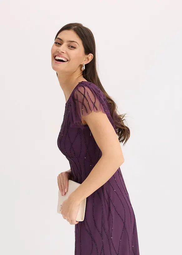 Maxikjole i tynn tyll med perlebroderier, bonprix