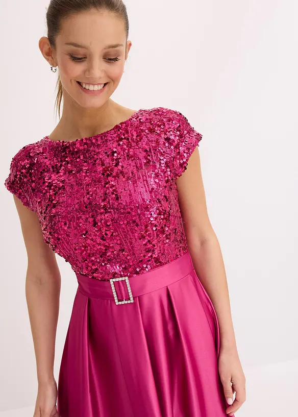 Selskapskjole i glansfull sateng med paljetter, bonprix