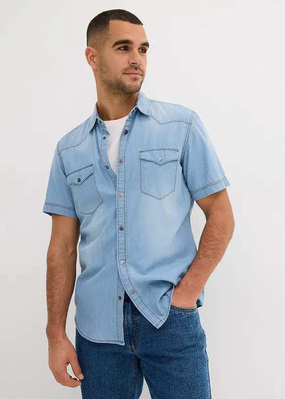 Kortermet skjorte i denim i &oslash;kologisk bomull, Slim Fit, bonprix