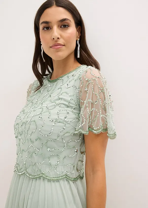 Maxikjole i fin tyll med paljettbroderi, bonprix