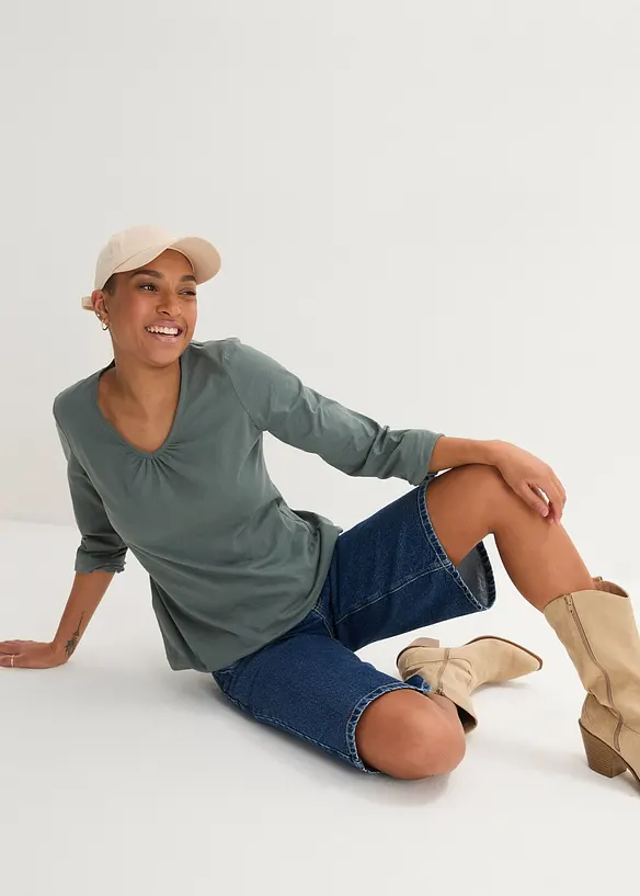 Langermet topp i 100% bomull med strikk, bonprix