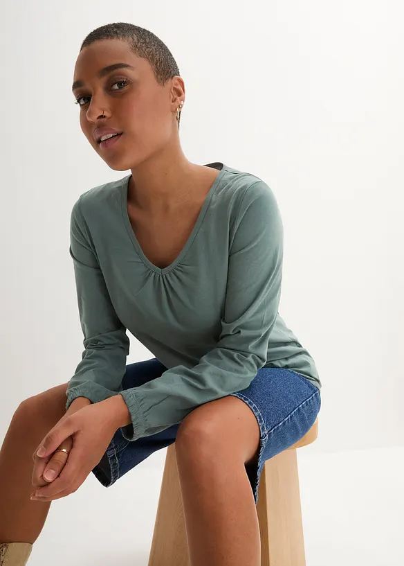 Langermet topp i 100% bomull med strikk, bonprix