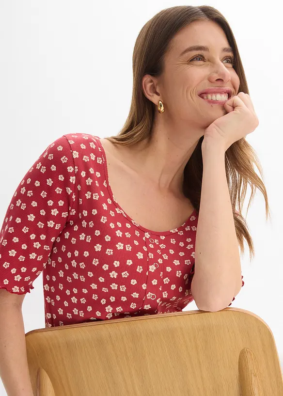 Ribbet topp med blomsterm&oslash;nster, kortermet, bonprix