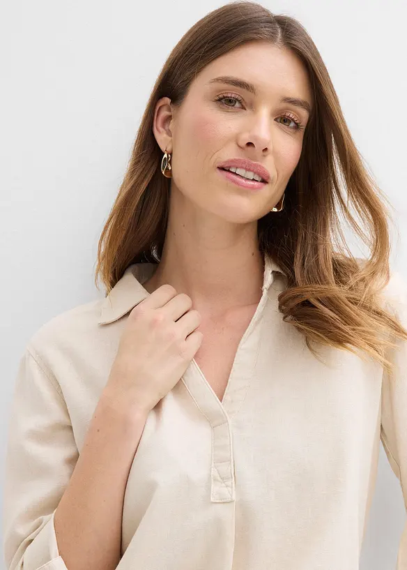 Bluse med lin og 3/4-lange ermer, bonprix