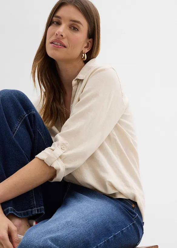 Bluse med lin og 3/4-lange ermer, bonprix