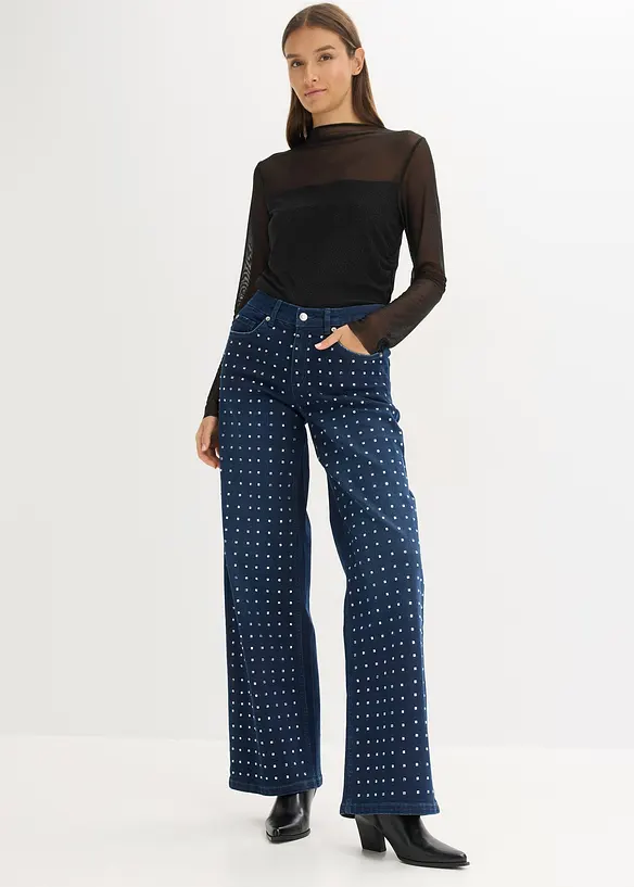 Wide-Leg-jeans Mid Waist med strassapplikasjon, bonprix