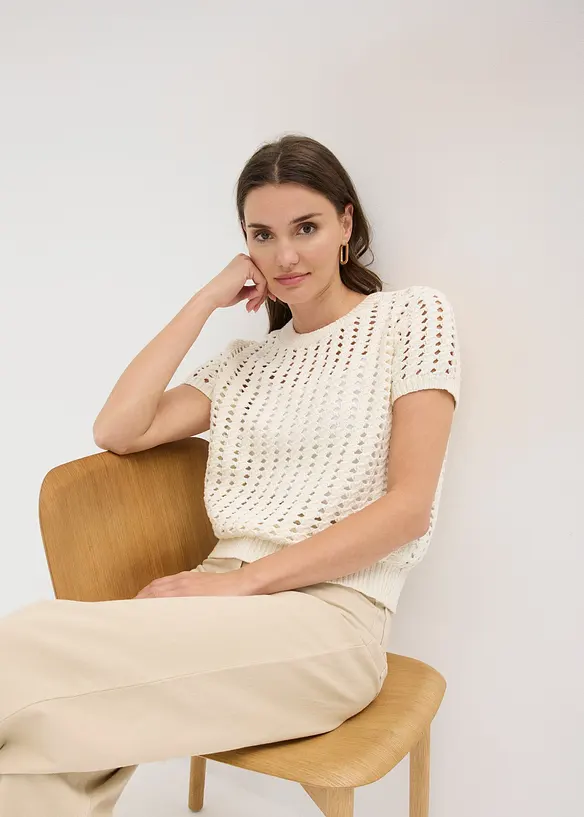 Kortermet genser i 100% bomull med hullm&oslash;nster, bonprix