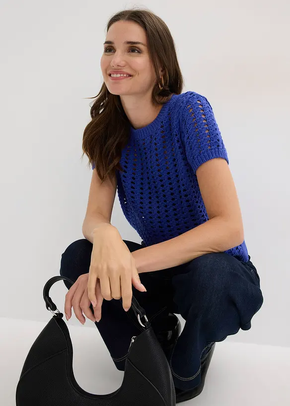 Kortermet genser i 100% bomull med hullm&oslash;nster, bonprix