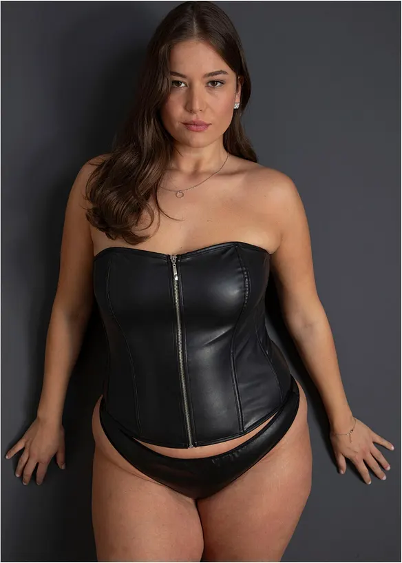 Korsett + stringtruse i imitert skinn (2-delt sett), bonprix
