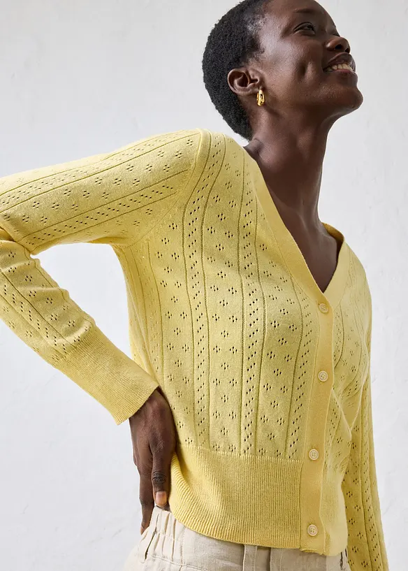 Cardigan med silke og hullm&oslash;nster, bonprix