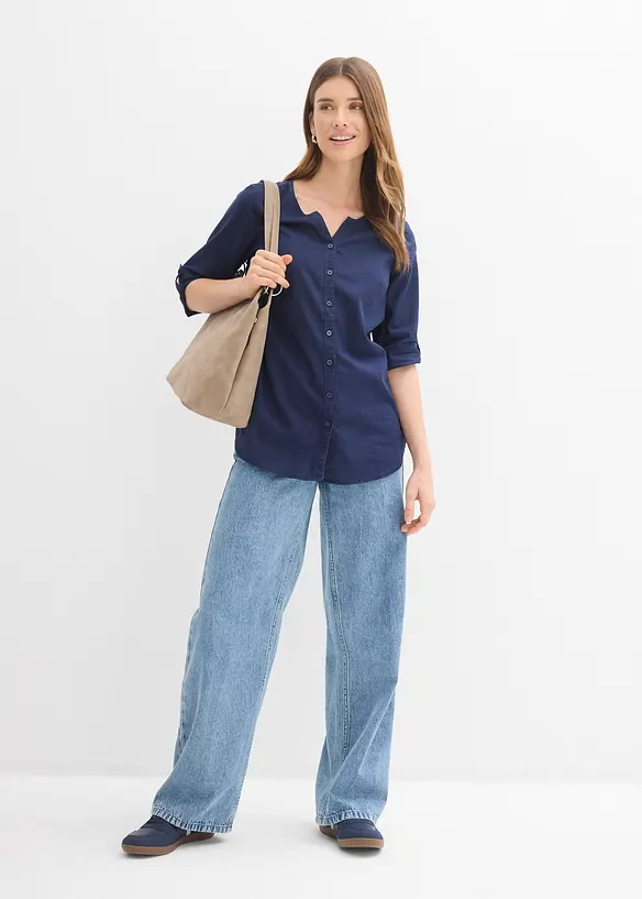 Bluse med lin og 3/4-lange ermer, bonprix
