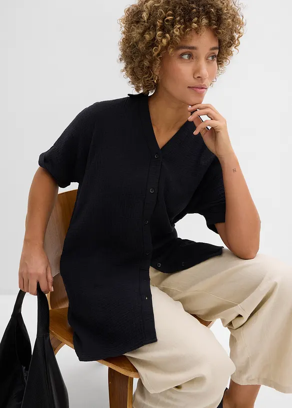 Oversized, lang skjorte i myk bomullsmusselin, bonprix