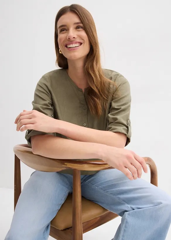 Bluse med lin og 3/4-lange ermer, bonprix