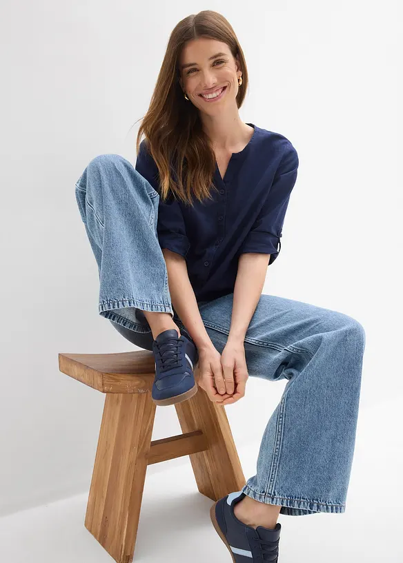 Bluse med lin og 3/4-lange ermer, bonprix