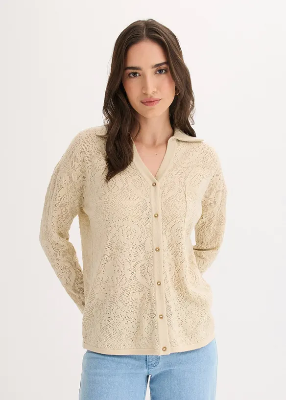 Cardigan med hullm&oslash;nster og glittergarn, bonprix