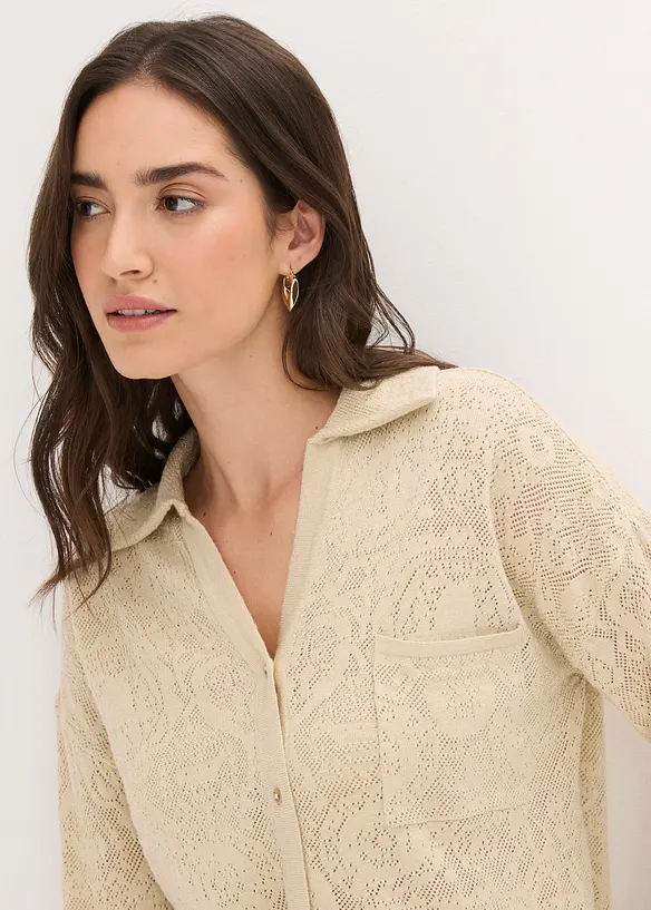 Cardigan med hullm&oslash;nster og glittergarn, bonprix