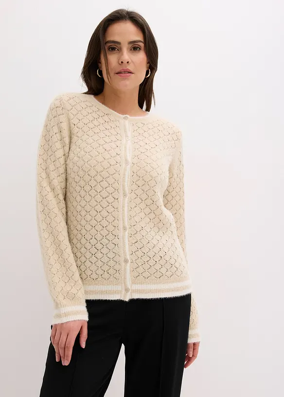 Cardigan med hullm&oslash;nster og fj&aelig;rgarn, bonprix