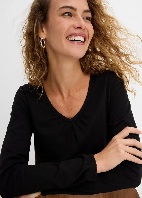 Langermet topp i 100% bomull med strikk, bonprix