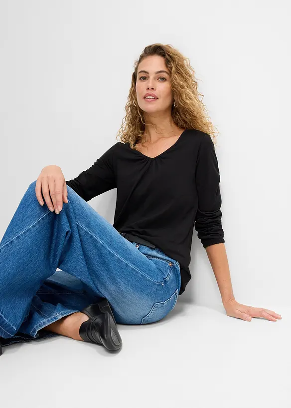 Langermet topp i 100% bomull med strikk, bonprix