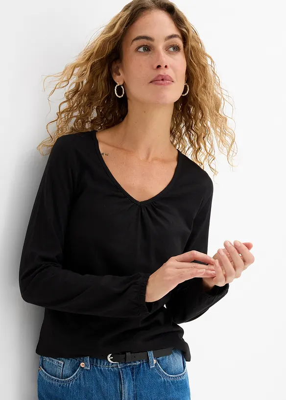 Langermet topp i 100% bomull med strikk, bonprix