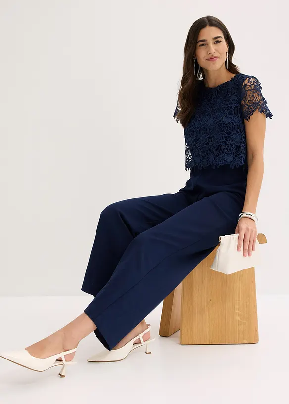 Jumpsuit i mykt scuba-materiale med blonder, bonprix