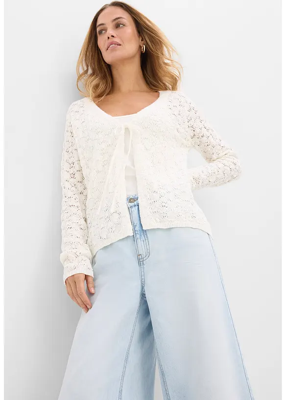 Strikkejakke med hullstrikk av 100% bomull, bonprix