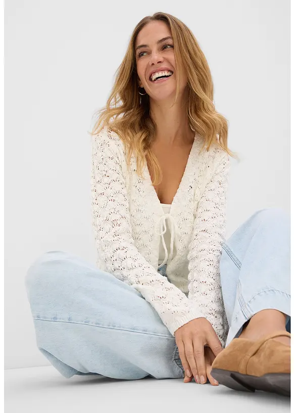 Strikkejakke med hullstrikk av 100% bomull, bonprix