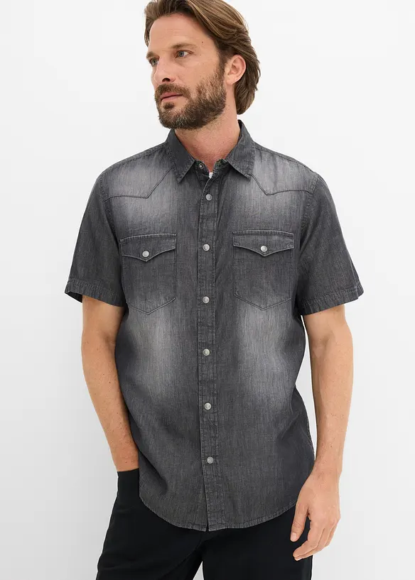 Kortermet skjorte i denim i &oslash;kologisk bomull, Slim Fit, bonprix