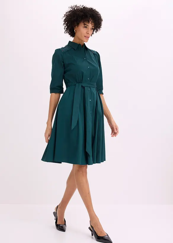 Skjortekjole med blonder og knytebelte, bonprix