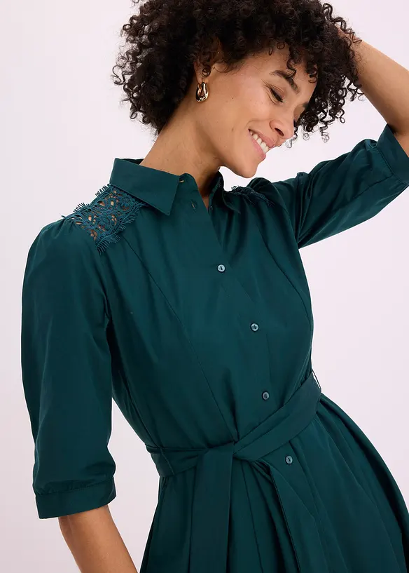 Skjortekjole med blonder og knytebelte, bonprix