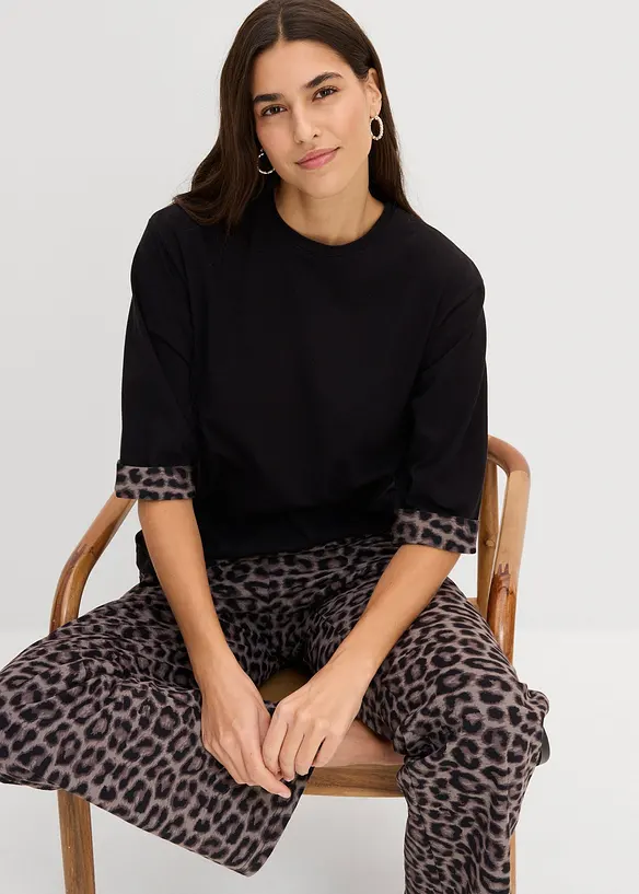 Sweatshirt i bomullsmiks med leopardm&oslash;nster p&aring; ermekanten, bonprix