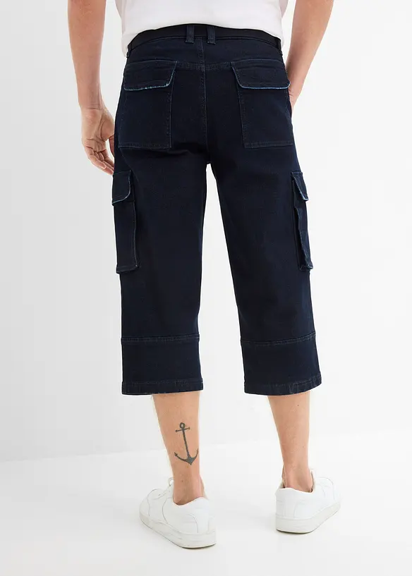 3/4-cargojeans med stretch og belte, Relaxed fit, bonprix