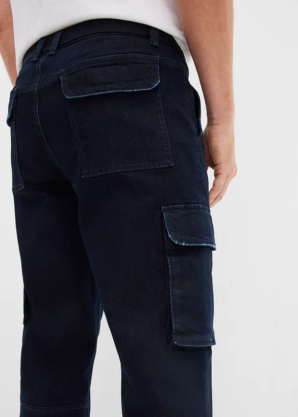 3/4-cargojeans med stretch og belte, Relaxed fit, bonprix