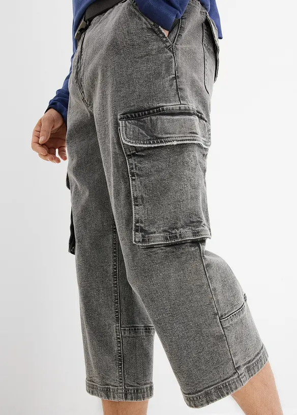 3/4-cargojeans med stretch og belte, Relaxed fit, bonprix