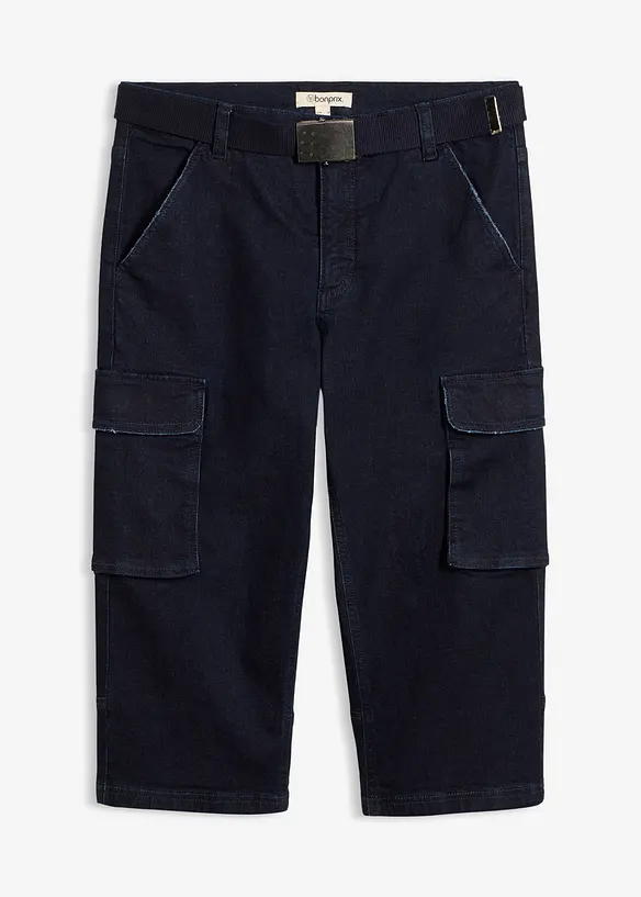 3/4-cargojeans med stretch og belte, Relaxed fit, bonprix