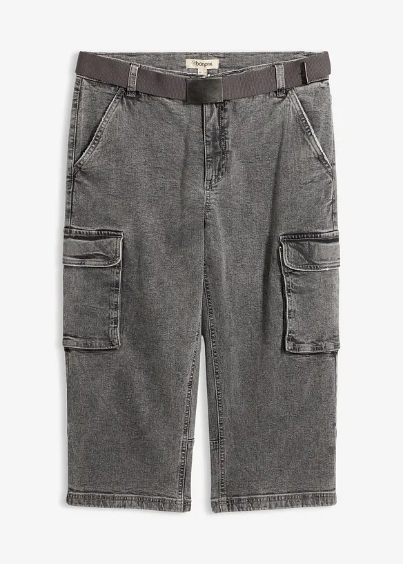 3/4-cargojeans med stretch og belte, Relaxed fit, bonprix