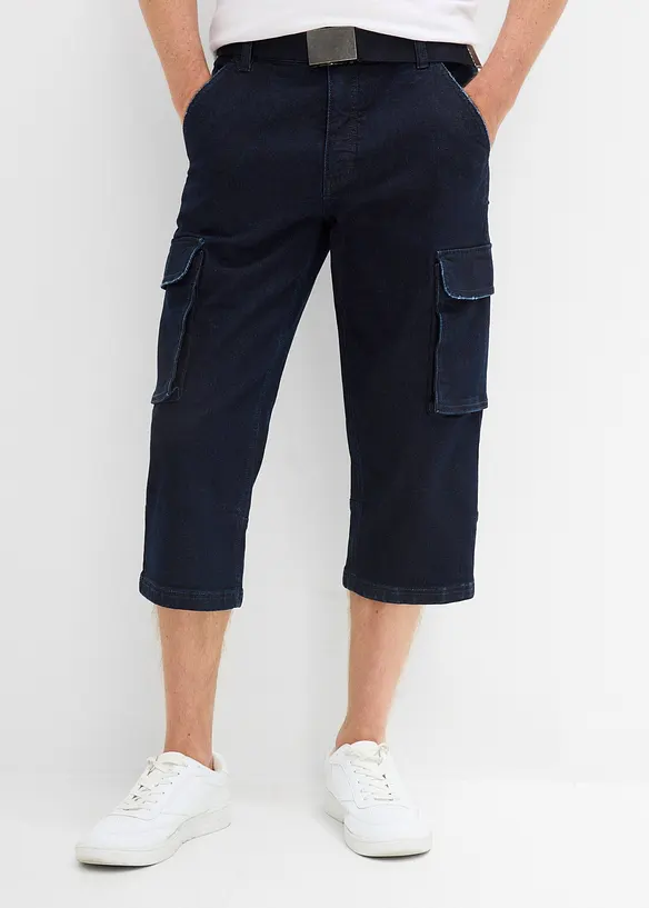 3/4-cargojeans med stretch og belte, Relaxed fit, bonprix