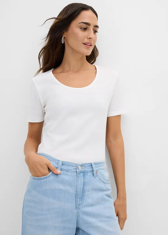 Ribbet topp i 100% &oslash;kologisk bomull (2-pack), bonprix